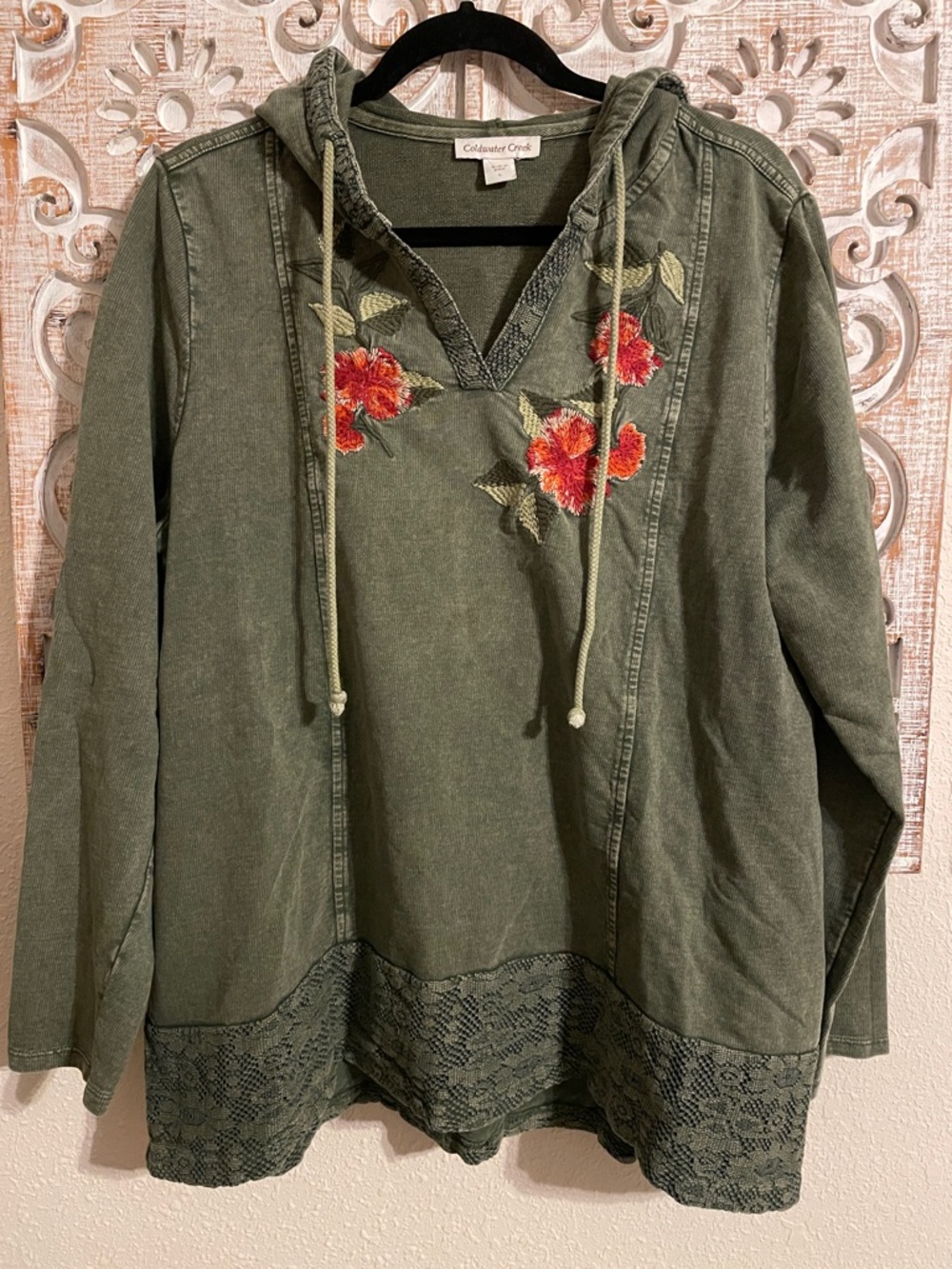 Coldwater Creek Olive Green Hooded Sweatshirt with Red Floral Embroidery